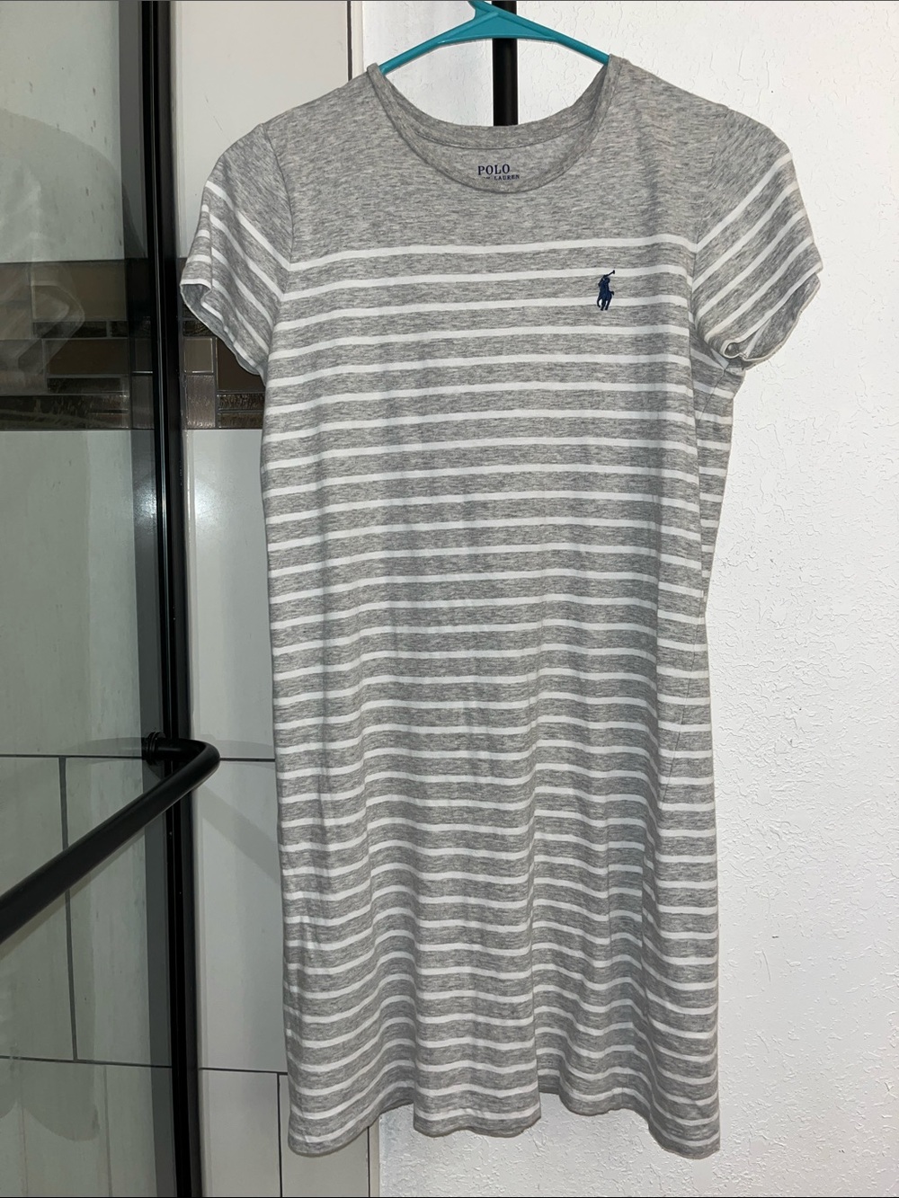 Polo by Ralph Lauren Gray and White Striped Mini Dress with Navy Logo